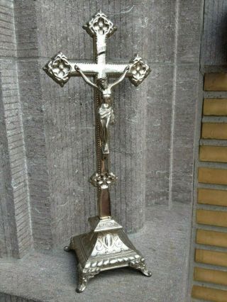 Antique Vintage France Pedestal Home Altar Standing Ornate Cross Crucifix Jes
