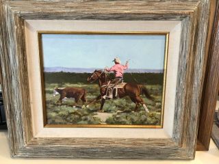 Vintage Oil Painting M.  Billington Cowboy Rustling Cattle
