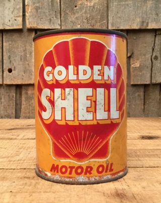 Vintage Golden Shell Motor Oil Gas Service Station 1 Qt Metal Can Sign
