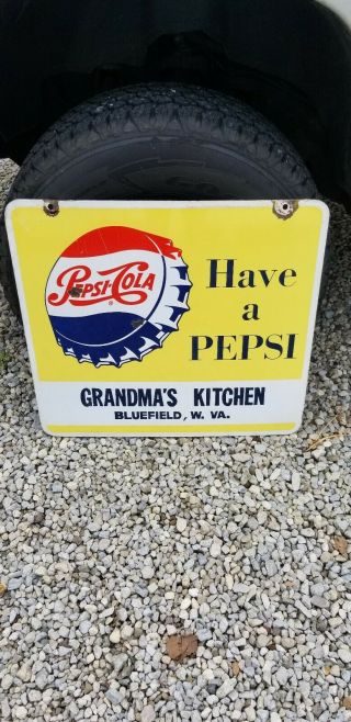 Vintage Porcelain Pepsi Cola Sign Double Sided Grandma 