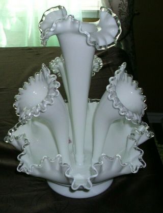 Vintage Glassware Fenton Milk Glass Silver Crest Epergne 4 Horn Vase Ruffle
