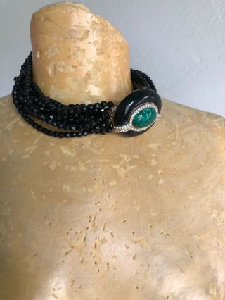 Ciner Vintage Signed Black Multi Bead Necklace With Black And Green Enamel Clasp