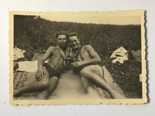 German Ww2 Photo 2 Tan Fit Near Nude Soldiers Affectionate Pose Gay Interest