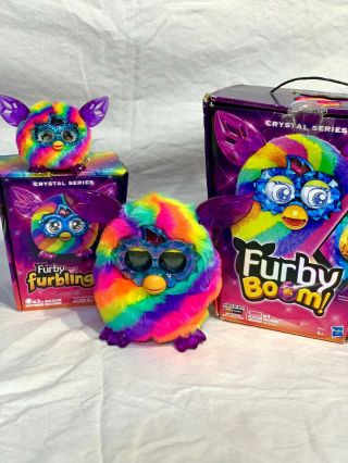 Rare Crystal Rainbow Furby Boom & Furbling In Boxes With Sticker Sheets