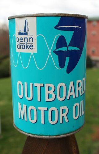 Rare Vintage Nos One Quart Metal Penn Drake Outboard Motor Oil Can