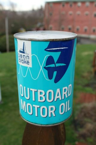 RARE VINTAGE NOS ONE QUART METAL PENN DRAKE OUTBOARD MOTOR OIL CAN 6