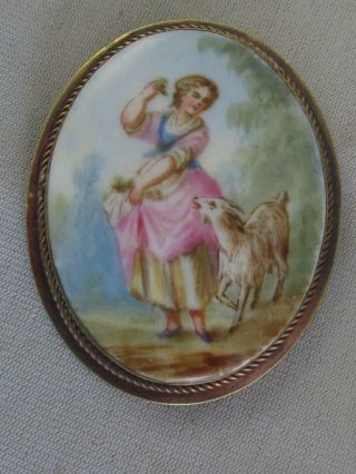 Antique Hand & Transfer Painted Porcelain 2 3/4 " By 2 1/4 " Girl & Goat Pin