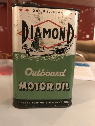 Vintage Diamond Head Outboard Motor Oil Can Great Graphics Rare Flat Quart