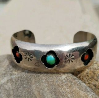 Vintage Native American Sterling Silver Turquoise Coral Cuff Bracelet