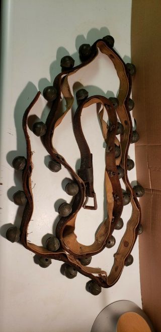 Vintage Sleigh Bells Leather Strap 7.  5 Ft Long Horse Embossed Brass 31 Bells
