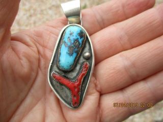 Vintage Old Pawn Navajo Sterling Silver Pendant W/turquoise & Coral Signed