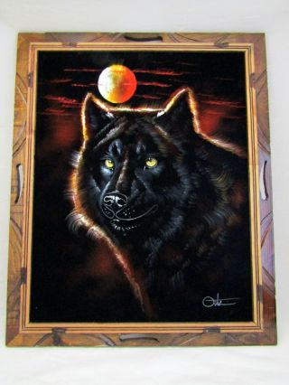 Vintage David Ortiz 16x20 Painting On Velvet Black Wolf Framed Mexico