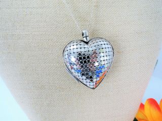 Rare Whiting & Davis Dated 1988 Silver Metal Mesh Heart Box Necklace Opens