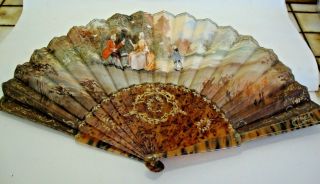 Early 20th Century Faux Brown Shell Hand Painted Hand Fan