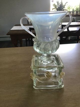 Lg.  Vintage Venetian Murano Glass Handled Vase Italy Urn Gold Swag Flowers