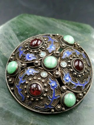 Estate Antique Brooch Art Deco Chinese Export Enamel Silver Gold Naiad