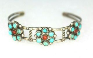 Vintage Turquoise Coral Cuff Bracelet Real Solid.  925 Sterling Silver 9.  5g