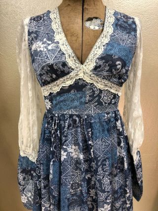 Vintage 70 ' s - 80 ' s GUNNE SAX Blue Floral Maxi Dress Boho Lace Prairie Size XS/S 3