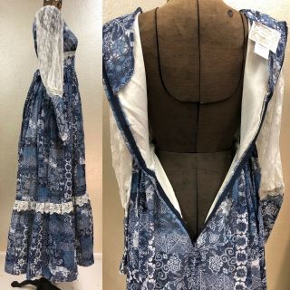 Vintage 70 ' s - 80 ' s GUNNE SAX Blue Floral Maxi Dress Boho Lace Prairie Size XS/S 4