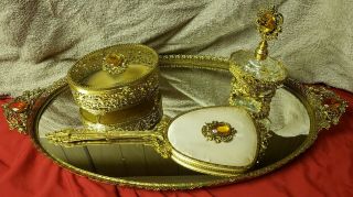 Vintage Globe Vanity Perfume Mirror Tray 4pc Set 24kt Gold Plated Jewelry Casket