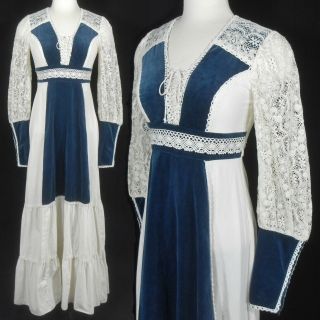 Vtg 70s Gunne Sax Velvet Corset Crochet Lace Victorian Prairie Maxi Dress Xs S