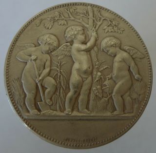 Antique Vintage French Art Nouveau Deco Silver Signed Medal Angels Putti
