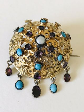 Antique Austro Hungarian Sterling Silver Turquoise Pearl And Garnet Brooch