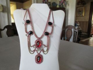 Vintage Pink Rhinestone Necklace Fabulous Cameo Accents Bib Choker Czech? Wow