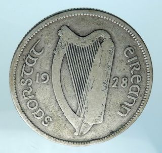 1928 Ireland Silver With Salmon And Lyre Harp Vintage Irish Coin I77761