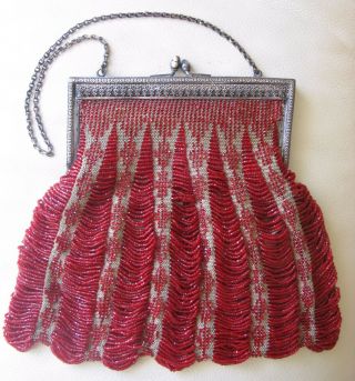 Antique Art Nouveau Silver Filigree Frame Tan Hand Knit Red Waterfall Bead Purse