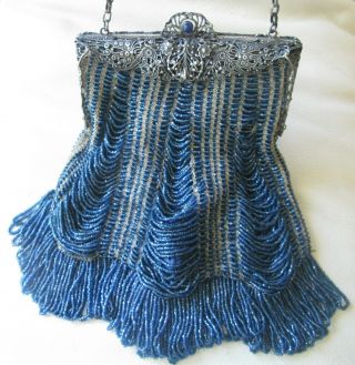 Antique Art Nouveau Silver Filigree Frame Tan Knit Blue Waterfall Bead Purse