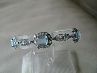 Antique Art Nouveau Deco Sterling Silver Filigree Bezel Set Blue Glass Bracelet