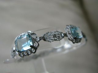 Antique Art Nouveau Deco Sterling Silver Filigree Bezel Set Blue Glass Bracelet 2