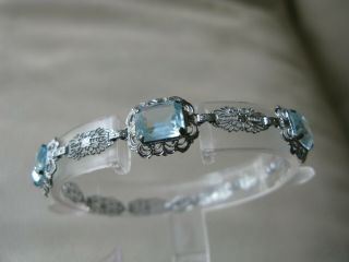 Antique Art Nouveau Deco Sterling Silver Filigree Bezel Set Blue Glass Bracelet 3