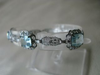 Antique Art Nouveau Deco Sterling Silver Filigree Bezel Set Blue Glass Bracelet 4