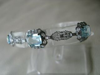 Antique Art Nouveau Deco Sterling Silver Filigree Bezel Set Blue Glass Bracelet 5