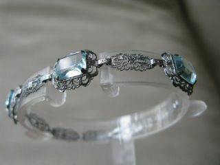 Antique Art Nouveau Deco Sterling Silver Filigree Bezel Set Blue Glass Bracelet 6