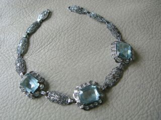 Antique Art Nouveau Deco Sterling Silver Filigree Bezel Set Blue Glass Bracelet 7