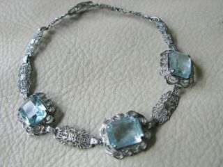 Antique Art Nouveau Deco Sterling Silver Filigree Bezel Set Blue Glass Bracelet 8