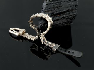 Vtg Sterling Silver Unusual Leather Belt Chain Link Bracelet