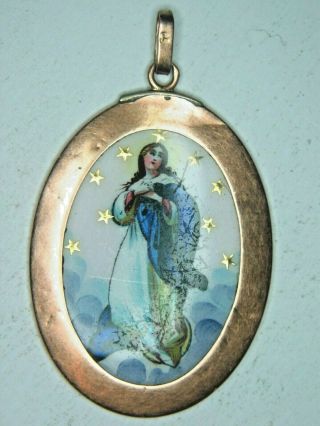Antique Pendant Hungarian Handpaint Porcelain Virgin Mary 14k Gold Frame 9 Gms