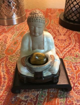 Vintage Japanese Gempo Uctci Pottery Buddha Statue With Wood Base,  1960 