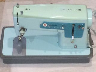 Vintage 1960s Singer Model 347 Sewing Machine Turquoise Blue W/case