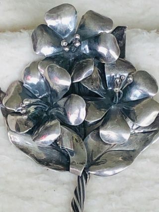 Deco Coro Sterling Craft,  Huge,  Detailed Flower W Stem Brooch