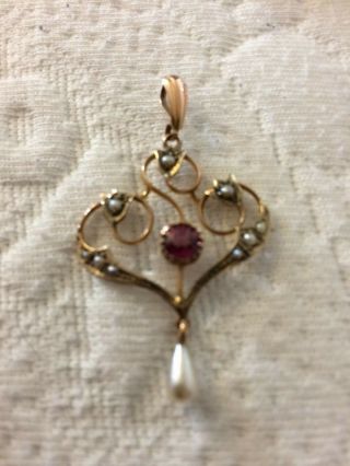 9ct Gold Pink Tourmaline And Seed Pearl Pendant Circa 1900