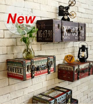 Vintage Retro Pu Leather Painted Luggage Wall Shelves Home Decor Suitcase Rustic