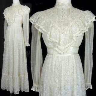 Vtg 70s Gunne Sax Sheer Lace Bib Victorian Boho Prairie Wedding Maxi Dress S 4