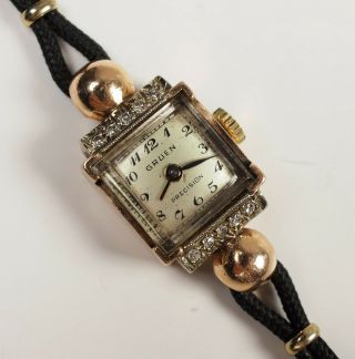 Vtg Gruen Solid 14k Rose Gold Diamond Ladies Watch Veri - Thin Precision As - Is