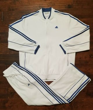 Rare Vtg Adidas Velour 2 Piece 3 Stripes Track Suit White/blue - Size Large