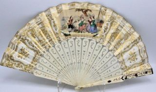 Vintage Handpainted Victorian Watercolor Romantic Scene Fan w/ Gold Accents 18 